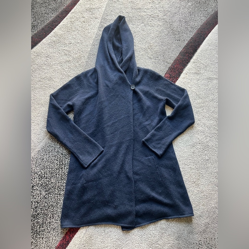 Vince Navy Wool Blend Hooded Cardigan Sweater